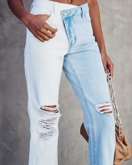 Now High Rise Cross Over Two Tone Straight Jeans | VICI