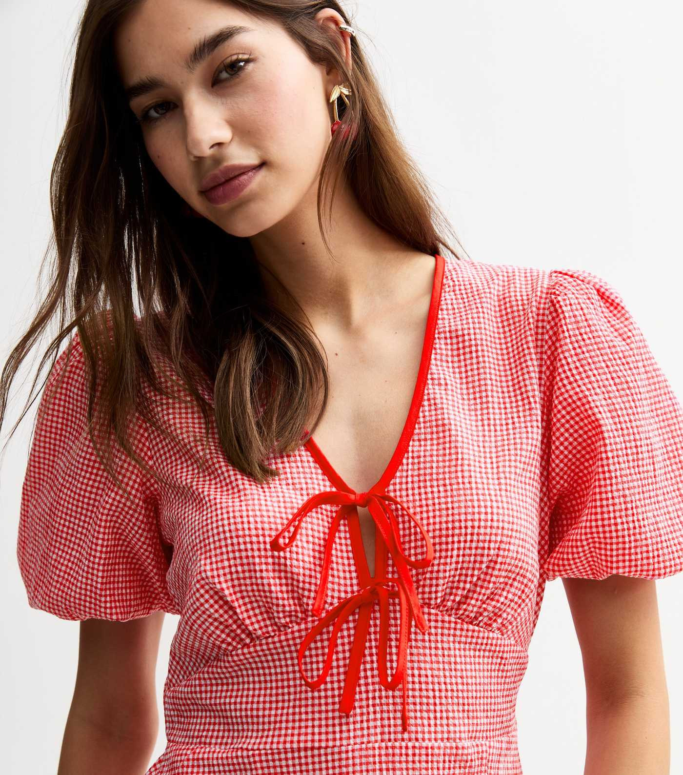 Red Gingham Check Tie Neck Midi Dress | New Look | New Look (UK)