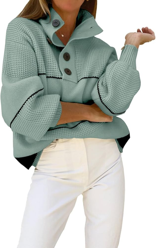 chouyatou Women's Slouchy Waffle Knit Sweater 1/2 Button Polo Collared Pullover Striped Sweater T... | Amazon (US)