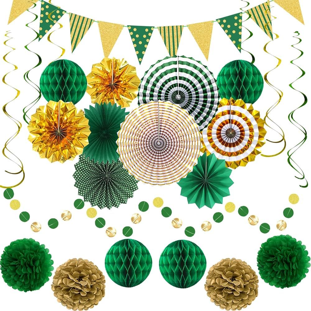 Green Gold Party Decorations Paper Fans, Graduation Season Hanging Glitter Triangle Flags Banner ... | Amazon (US)