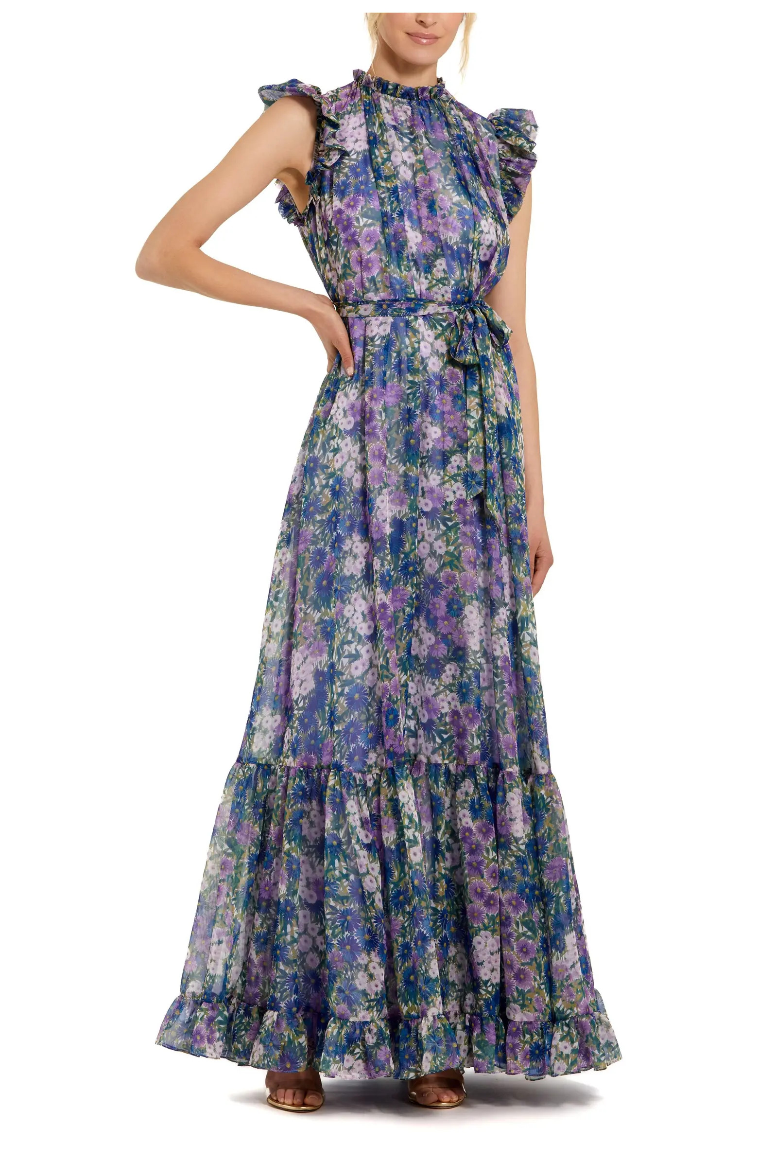 Belted Floral Chiffon Ruffle Sleeve Gown | Nordstrom