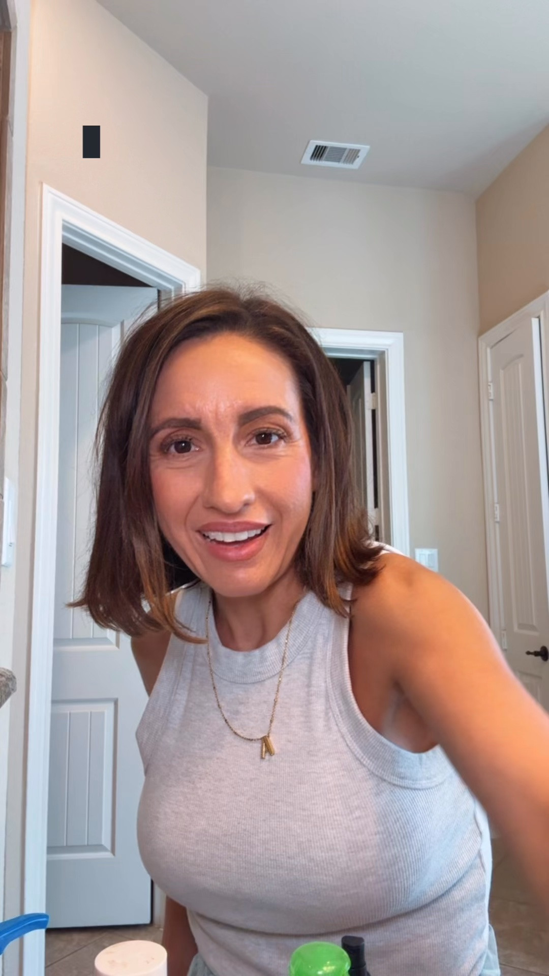 Chatting while I organize the bathroom counter. 
Love this Morphe Contour Stick. So good for contouring the nose. 
Outfit is casual and comfy. 
Old Navy tank top. Runs true to size. 
Kendra Scott initial necklace. 
Linen shorts are an Amazon find. Run true to size and really comfortable. 
Beauty

#LTKstorytime #LTKOver40 #LTKBeauty