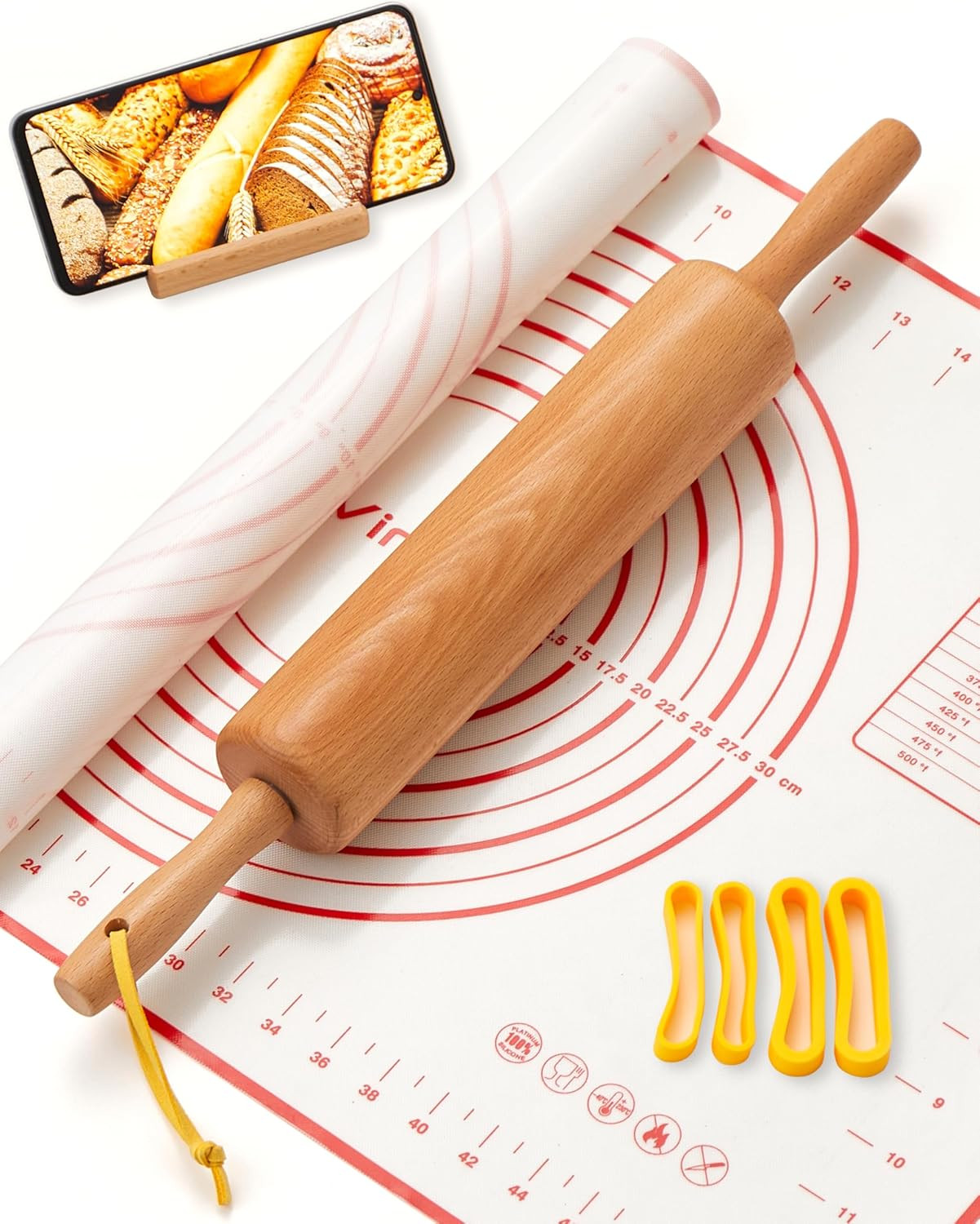 Classic Wood Rolling Pin, 17" Rolling Pins for Baking with Silicone Mat and Adjustable Thickness Rings, Pasta Roller with Wood Base, Fondant Roller for Pie Crust, Cookies, Pizza Dough and Bread | Amazon (US)