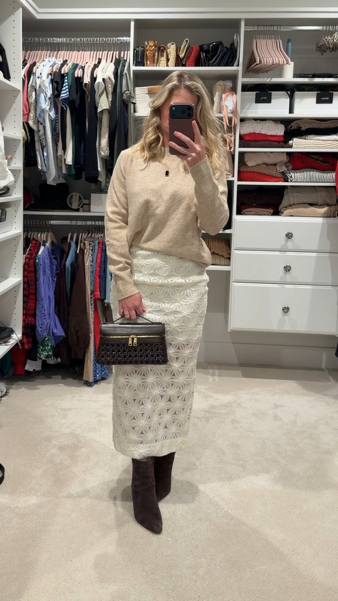 Soft neutrals for winter feel so luxe. I paired this textured cream skirt with a cozy oatmeal sweater, chocolate suede boots, and a woven top-handle bag to keep the look warm and elevated.

Styling tip: when wearing a statement skirt, balance the texture with a simple knit on top and anchor the outfit with rich, grounding accessories. It keeps everything cohesive while letting the details shine. 🤎✨

#LTKHoliday #LTKootd #LTKSeasonal