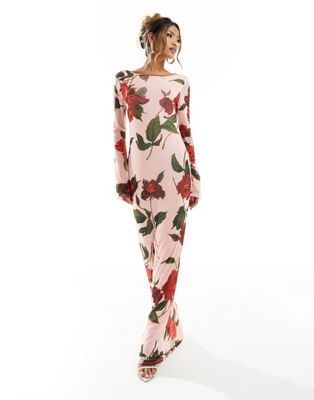 ASOS DESIGN low back floral mesh maxi dress with angel sleeves in rose print | ASOS (Global)