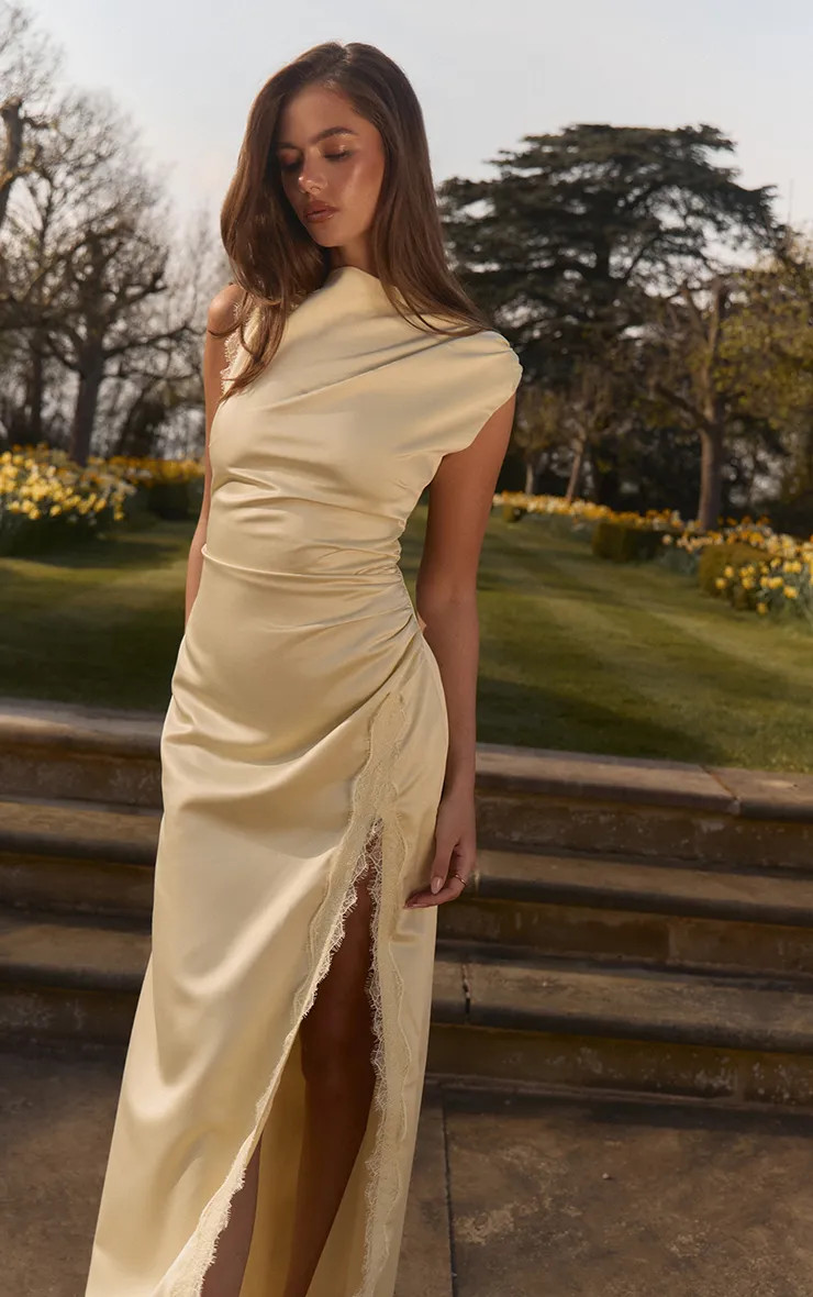 Lemon Satin Lace Detail Sleeveless Maxi Dress | PrettyLittleThing US