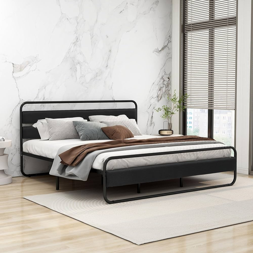 Tuconia Metal Platform King Size Bed Frame with Upholstered Headboard No Noise Easy Assembly Blac... | Amazon (US)