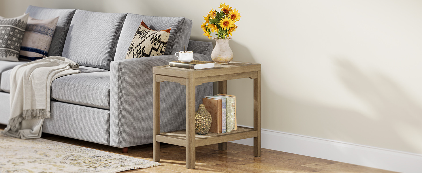 Amazon.com: Eclatara Night Stand Set of 2, Farmhouse End Table with 2 Tier Boho Rattan Shelves, S... | Amazon (US)