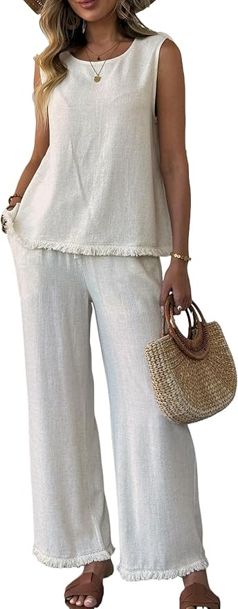 heipeiwa Women's Linen 2 Piece Outfits Summer Boho Tassel Sleeveless Tops Wide Leg Pants Sets Cas... | Amazon (US)