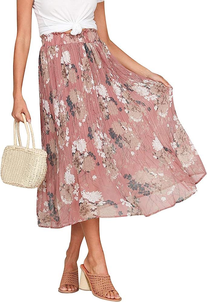 Women's Chiffon High Waist Pleated Midi Skirts Boho Floral Print Skirt | Amazon (US)