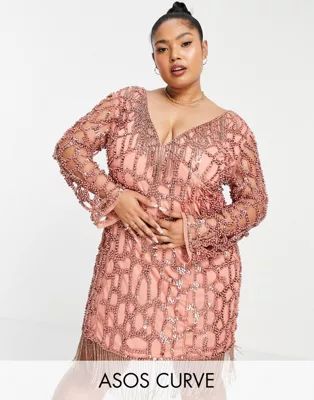 ASOS DESIGN Curve Exclusive embellished fringe long sleeve beaded rope mini dress in rose | ASOS (Global)