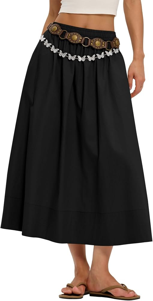 LOMON Midi Skirts for Women A-Line Cotton Flowy Maxi Skirt Boho Summer Beach Casual Elastic Waist... | Amazon (US)