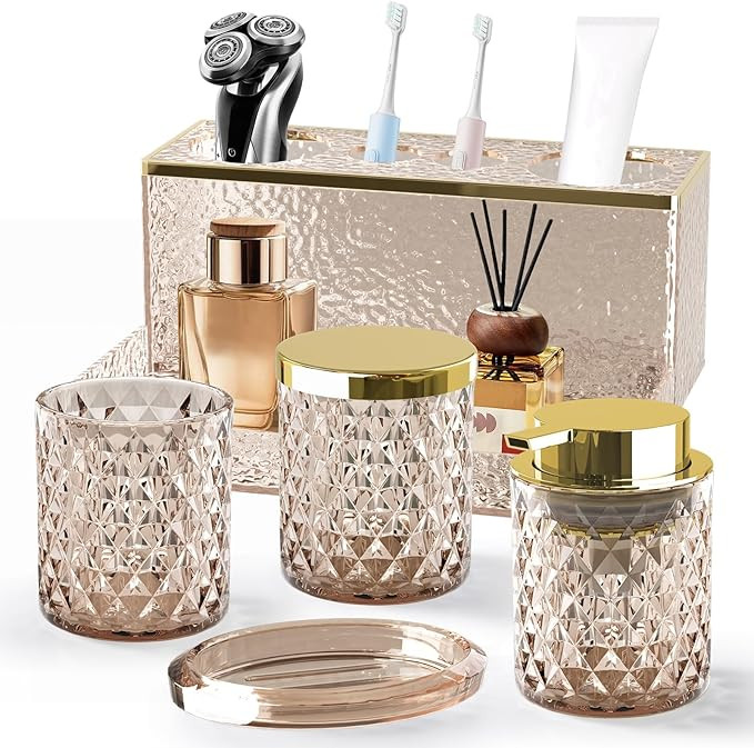 Glass Bathroom Accessories Set 5Pcs Crystal - Brown Foaming Soap Dispenser, Soap Dish, Cup, Acryl... | Amazon (US)