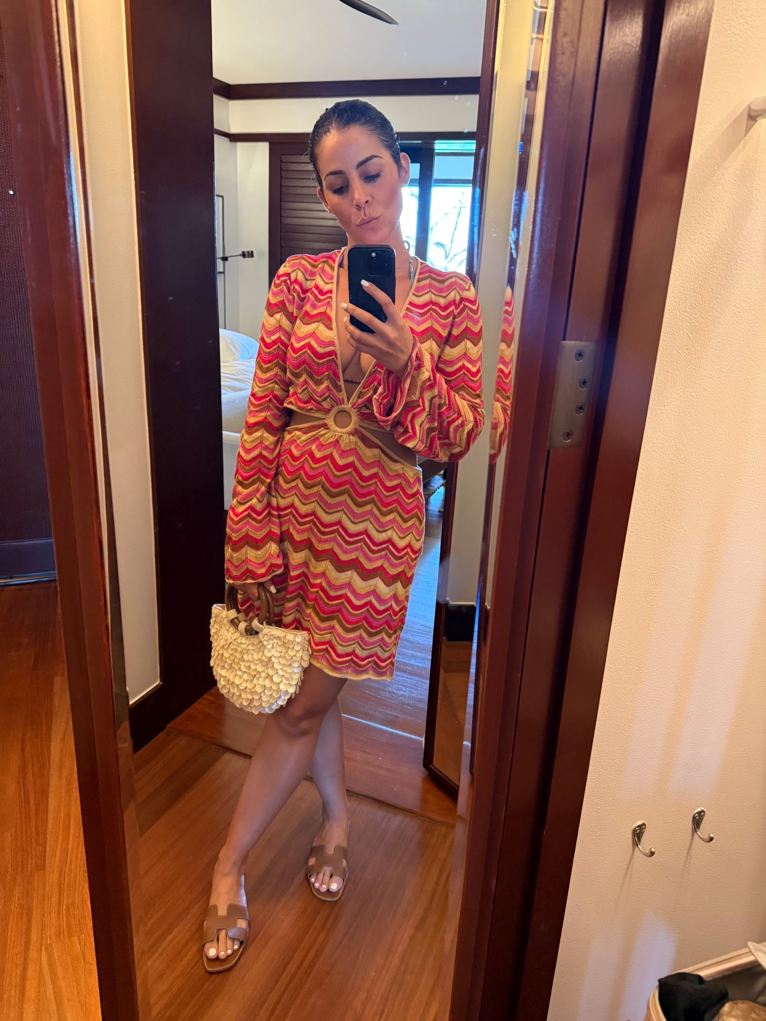 Mumu cover up (sold out but linked similar) 
Zara shell purse 
Hermes sandals 

#LTKSeasonal #LTKootd #LTKTravel