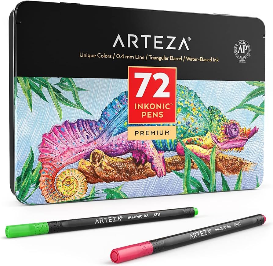 ARTEZA Inkonic Fineliners, Set of 72, 0.4 mm Tips Fine Point Markers, Assorted Art Pens, Water-Ba... | Amazon (US)