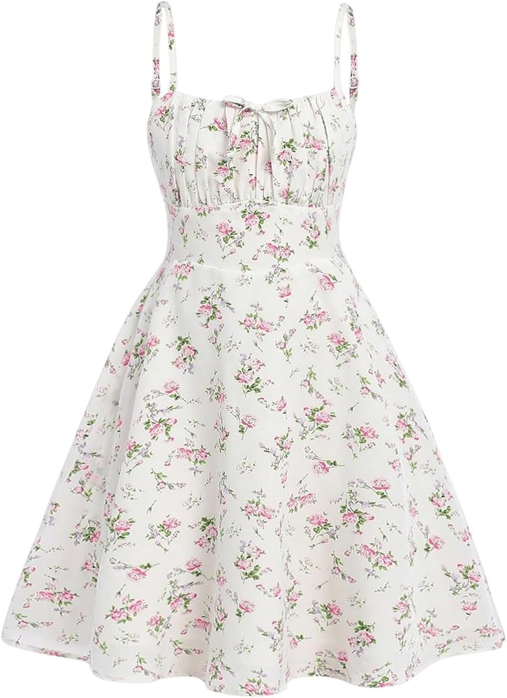 RoseSeek Girl's Floral Print Summer Dress Bowknot Ruched Bust A Line Cami Dress High Waist Ruffle... | Amazon (US)
