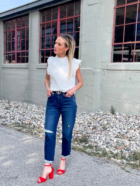 Summer Essentials... 🤍💙❤️Blue Jeans and White Top! the perfect go toos and always so simple! This Ruffle
Sleeve Top is a great option and under $20.
Outfit Details...
White Ruffle Sleeve Top @amazon
Blue Jeans @express
Red Knot Blocked Heels - old from @walmart
Follow for more outfit and style Inspo!
white top, top, fashion, fashion style, summer fashion, summer outfit, ootd, ootd fashion, amazonfashion, amazon-finds, affordable fashion, fashionover40, fashionover30, classic fashion, classic, chic, casual, casual outfit

#LTKstyletip #LTKunder50 #LTKFind