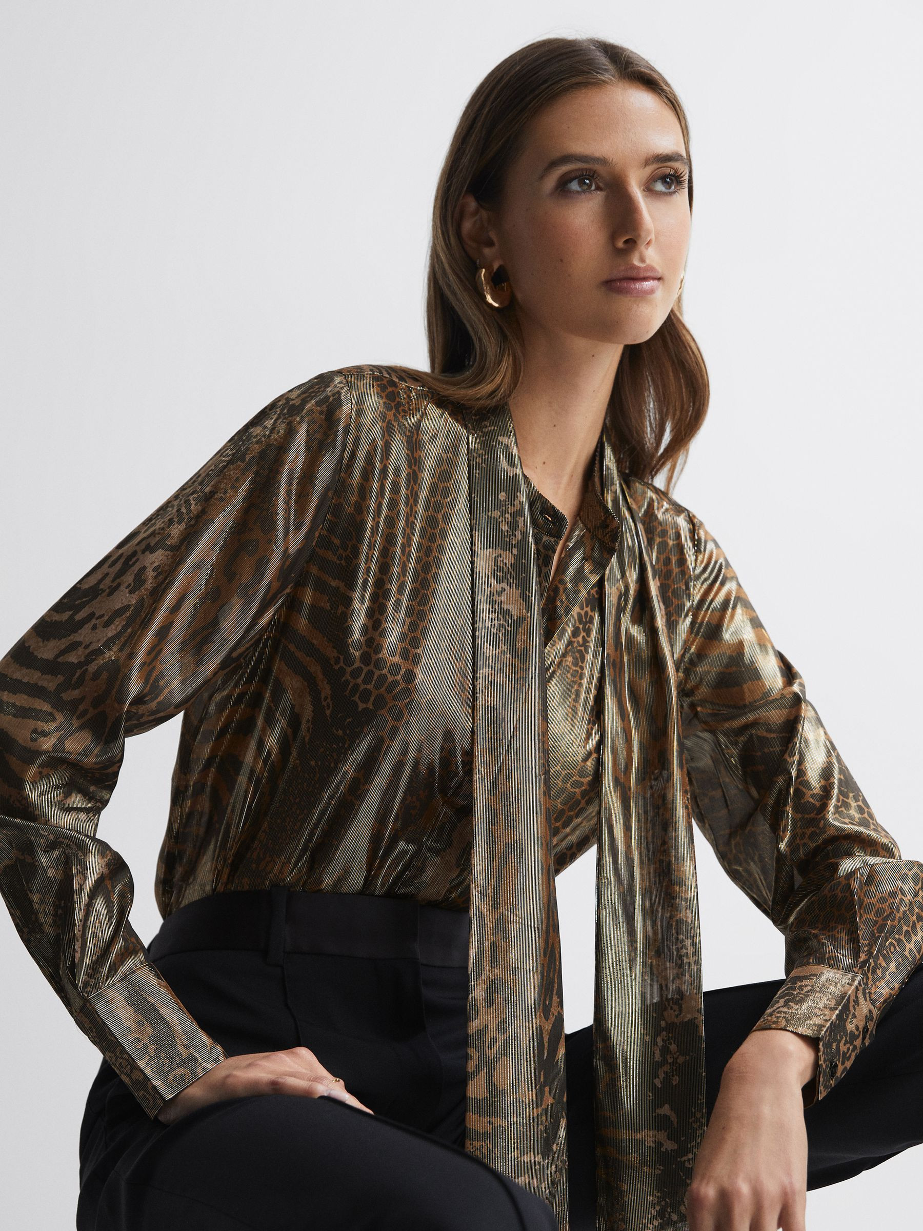 Reiss Metallic Animal Print Tie Neck Blouse in Gold - REISS | Reiss UK