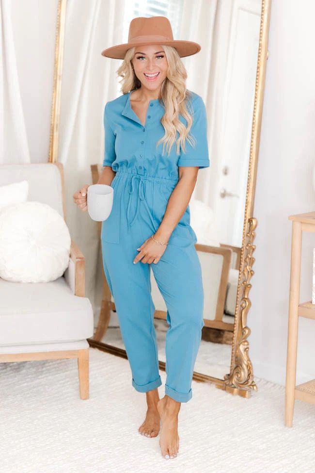 Hello World Blue Henley Short Sleeve Jumpsuit | Pink Lily