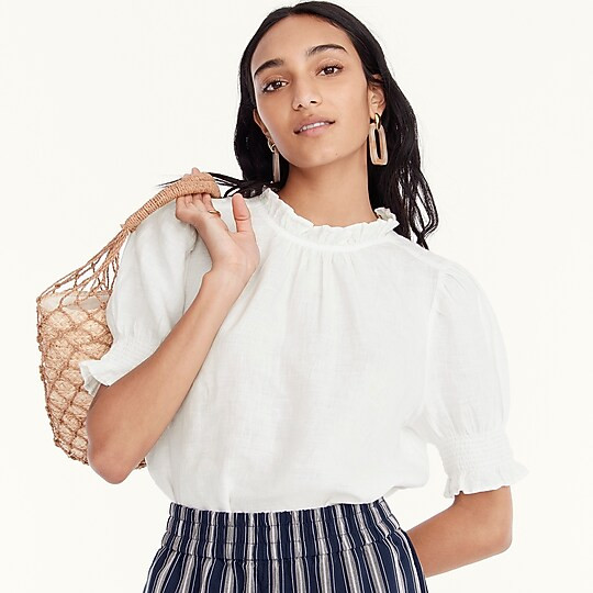 Smocked puff-sleeve linen top | J. Crew US