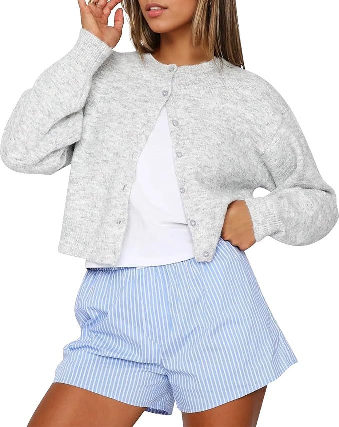 Womens Y2k Cardigan Sweater Long Sleeve Crew Neck Button Up Knit Cropped Cardigans Y2k Fall Cloth... | Amazon (US)