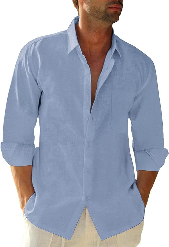 Button Down Linen Shirts for Men Casual Long Sleeve Regular Fit Cotton Beach Shirts with Pocket | Amazon (US)