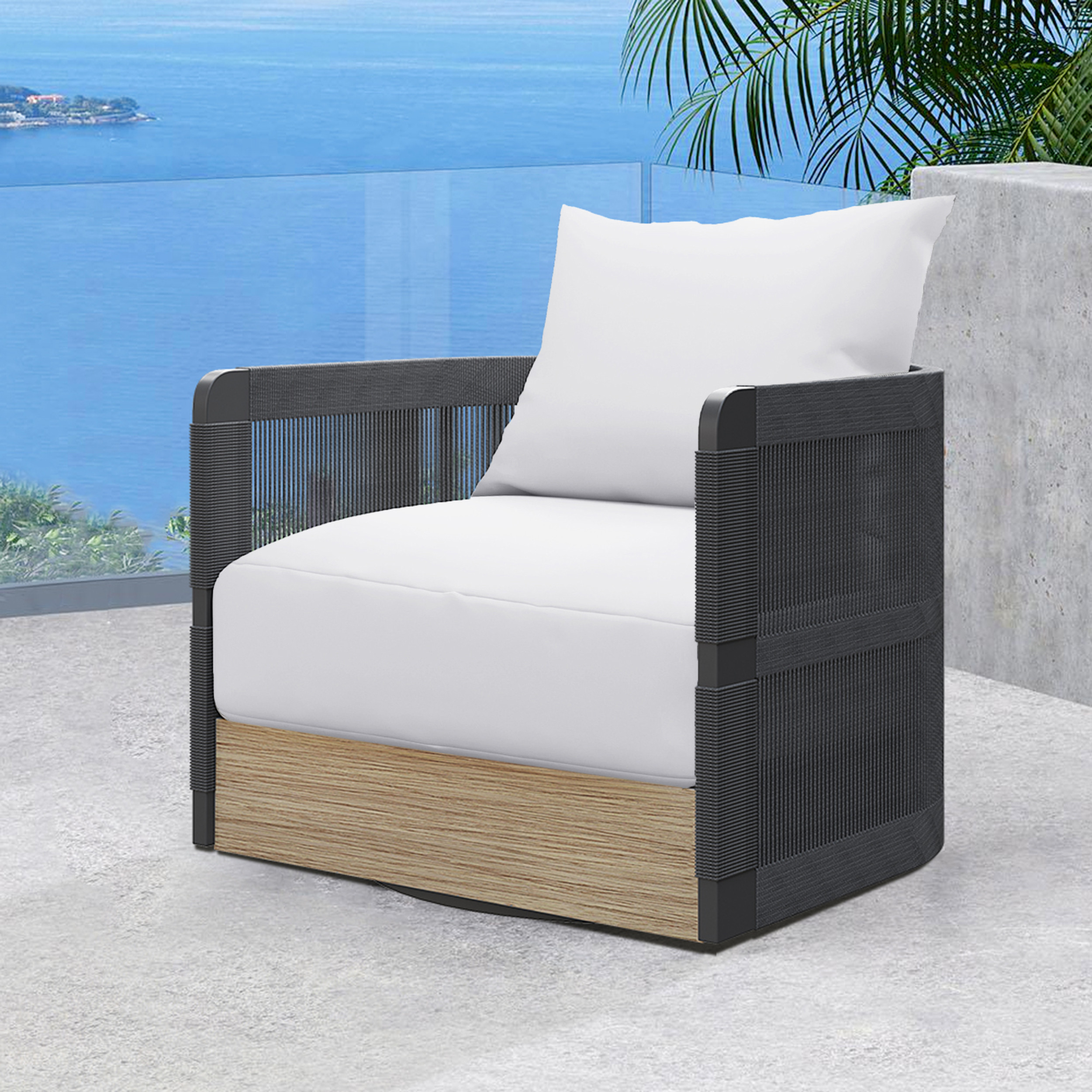 4-Pieces Black & Gray Handwoven Rope Outdoor Swivel Chair Sofa 360 Degree Rotatable Coastal Patio Armchair | Homary