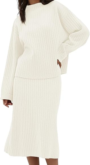 Womens Fashion Two Piece Outfits Mock Neck Oversized Sweater Tops Skirt Sets Sweater Dress Lounge... | Amazon (US)