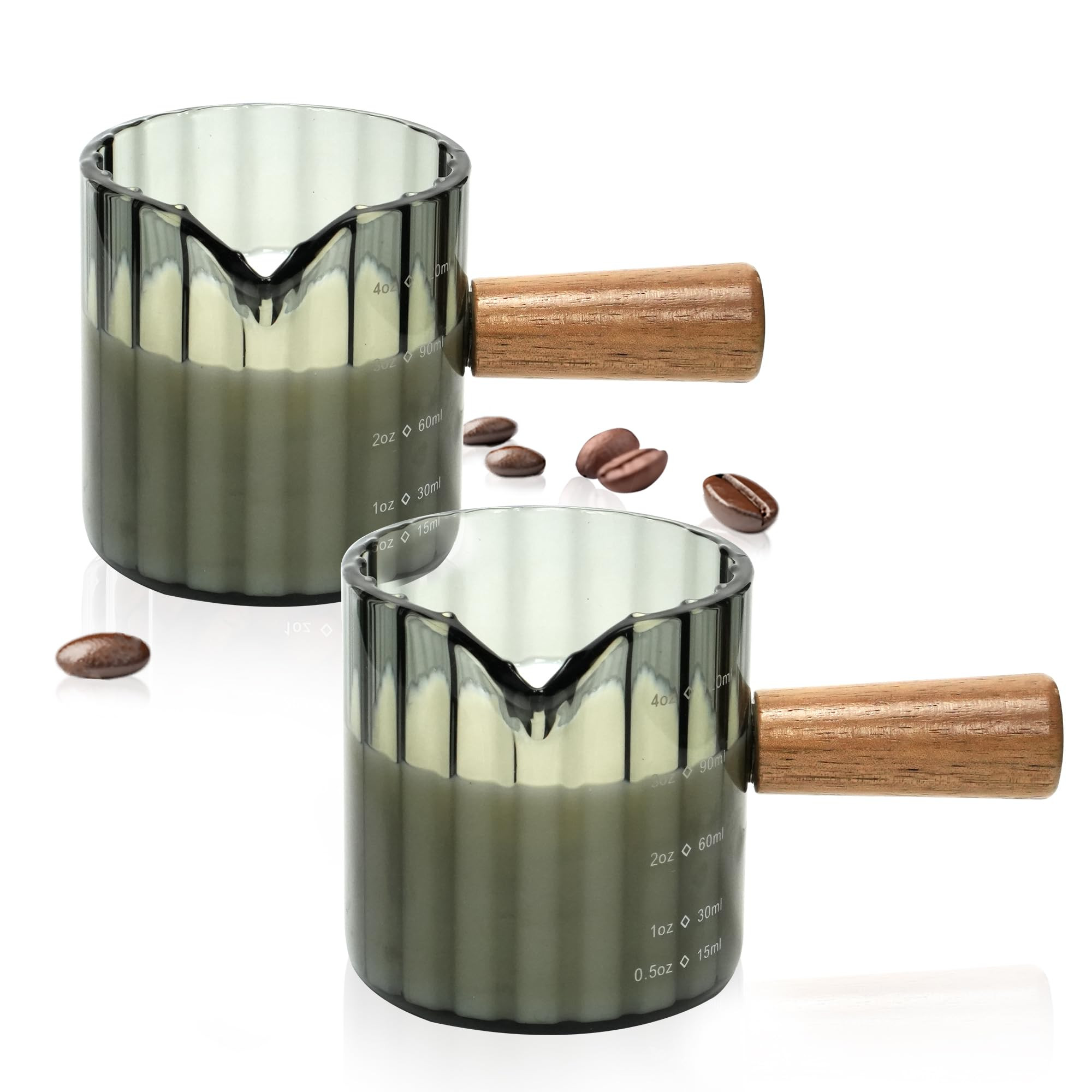 Espresso Cups Set of 2, 4 OZ Espresso Shot Glasses with Wood Handle, V-Shaped Spouts Cups, Ribbed... | Amazon (US)