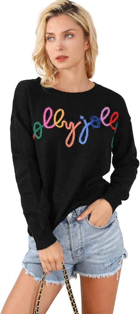 Women Letter Print Christmas Sweater Crew-Neck Pullover Knit Jumper Long Sleeve Autumn Winter Cas... | Amazon (US)