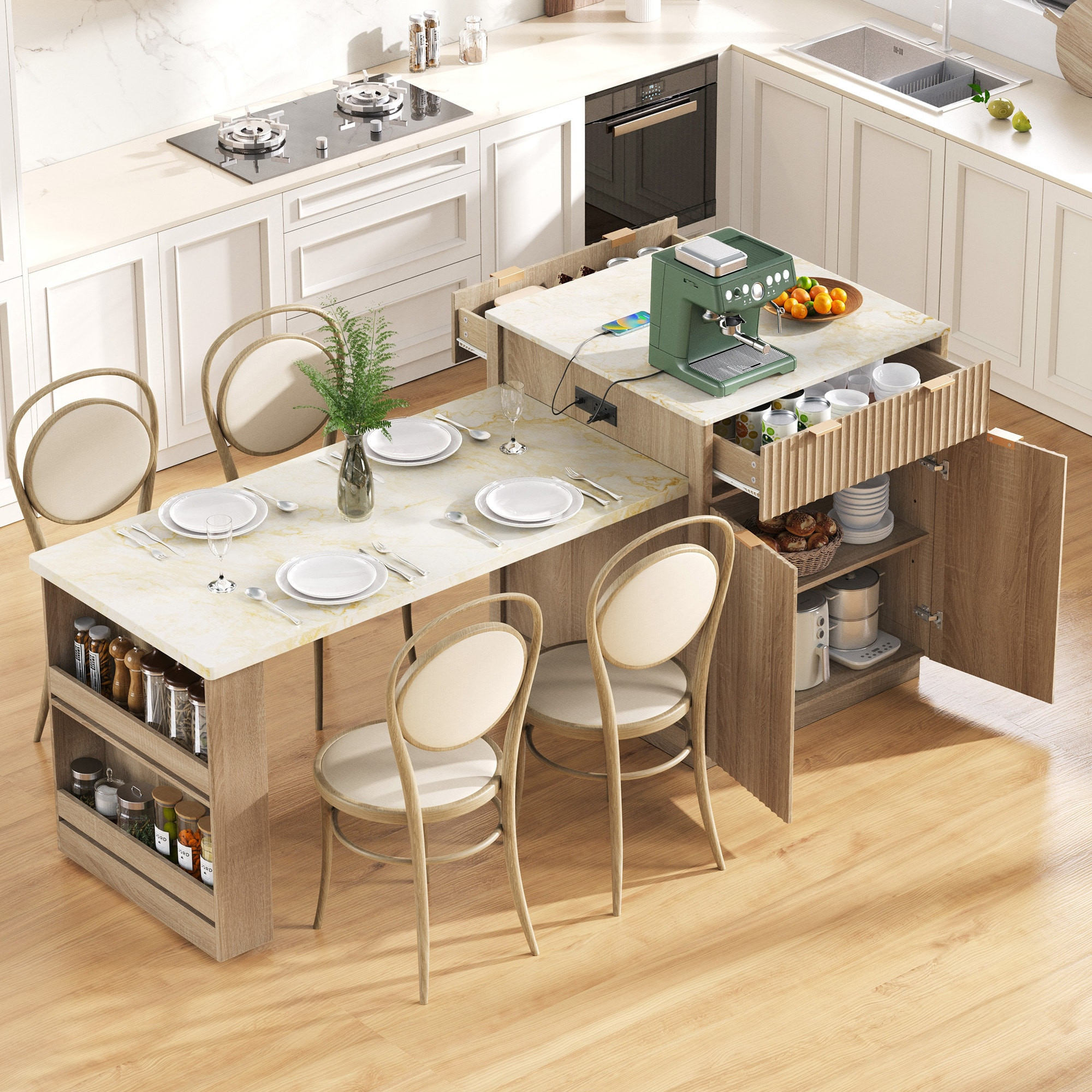 ModernLuxe 82.6inch Fluted Kitchen Island with Etendable Dining Table for 46 Island Table for Kitchen with Power Outlet Kitchen Table with DoubleSide | Lowe's