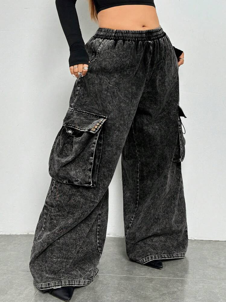 SHEIN ICON Plus Size Wide-Legged Solid Color Cargo Trousers With Pockets | SHEIN