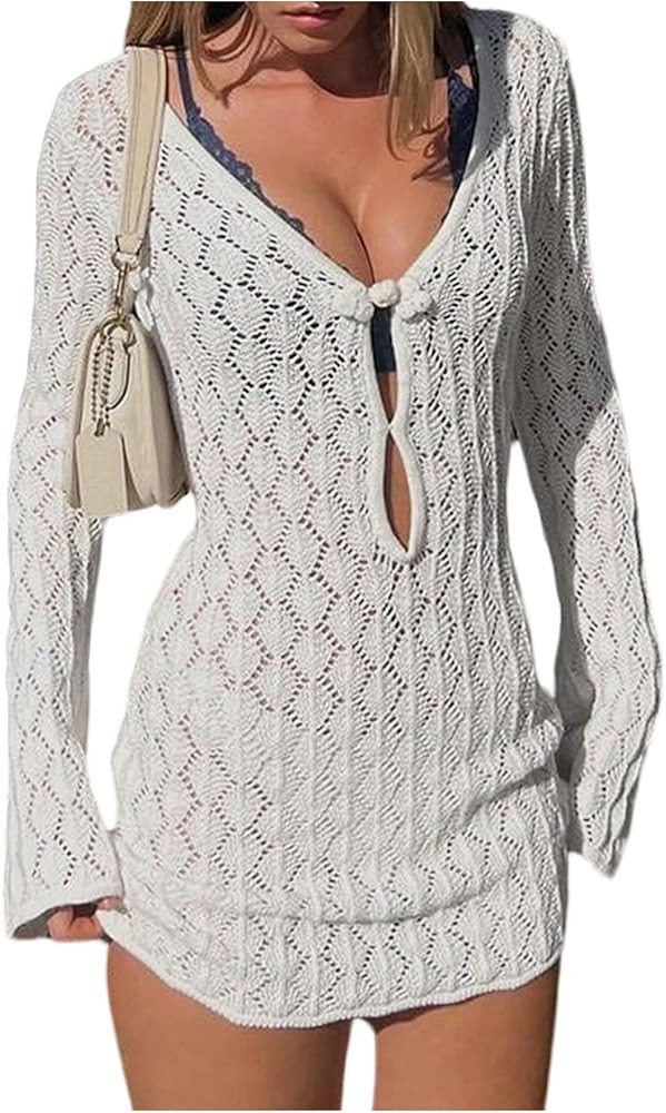 GORGLITTER Women's Crochet Bikini Cover Up Dress Cut Out Long Sleeve Beach Bathing Suit Swimsuit ... | Amazon (US)