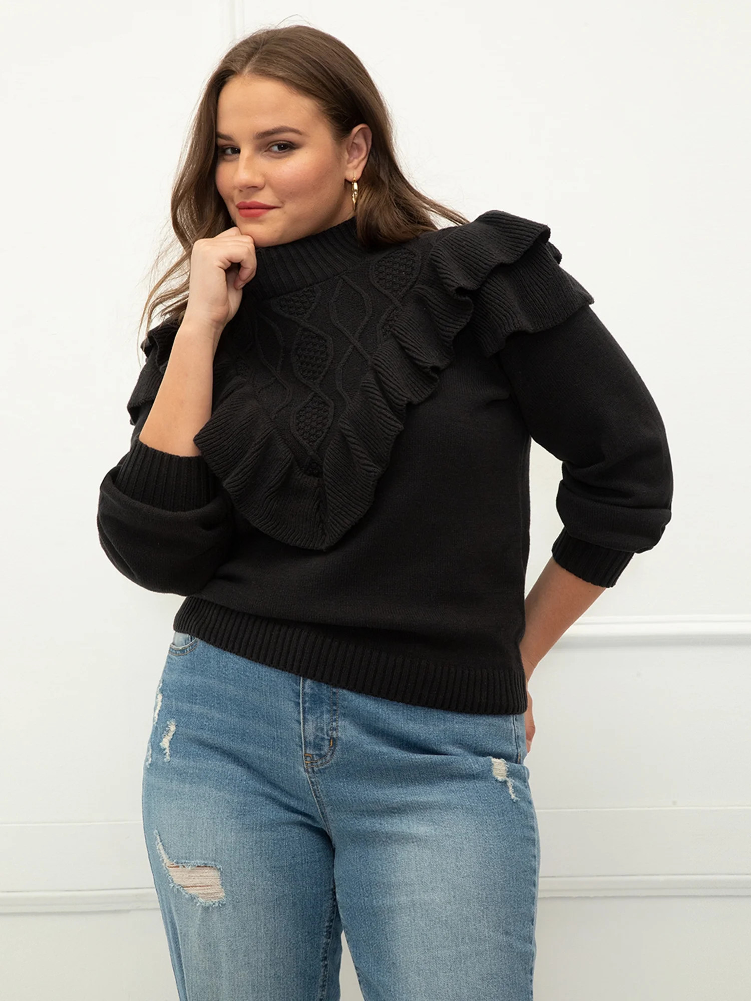 ELOQUII Elements Plus Size Mixed Stitch Sweater with Ruffled Yoke - Walmart.com | Walmart (US)