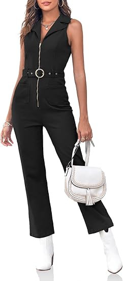 PLNOTME Women's Sleeveless Denim Jumpsuits Zip Up Belted Straight Leg Jeans Long Rompers | Amazon (US)