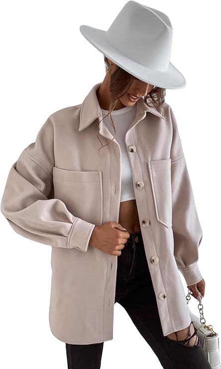 MakeMeChic Women's Casual Shacket Jacket Long Sleeve Button Front Coat with Pockets | Amazon (US)