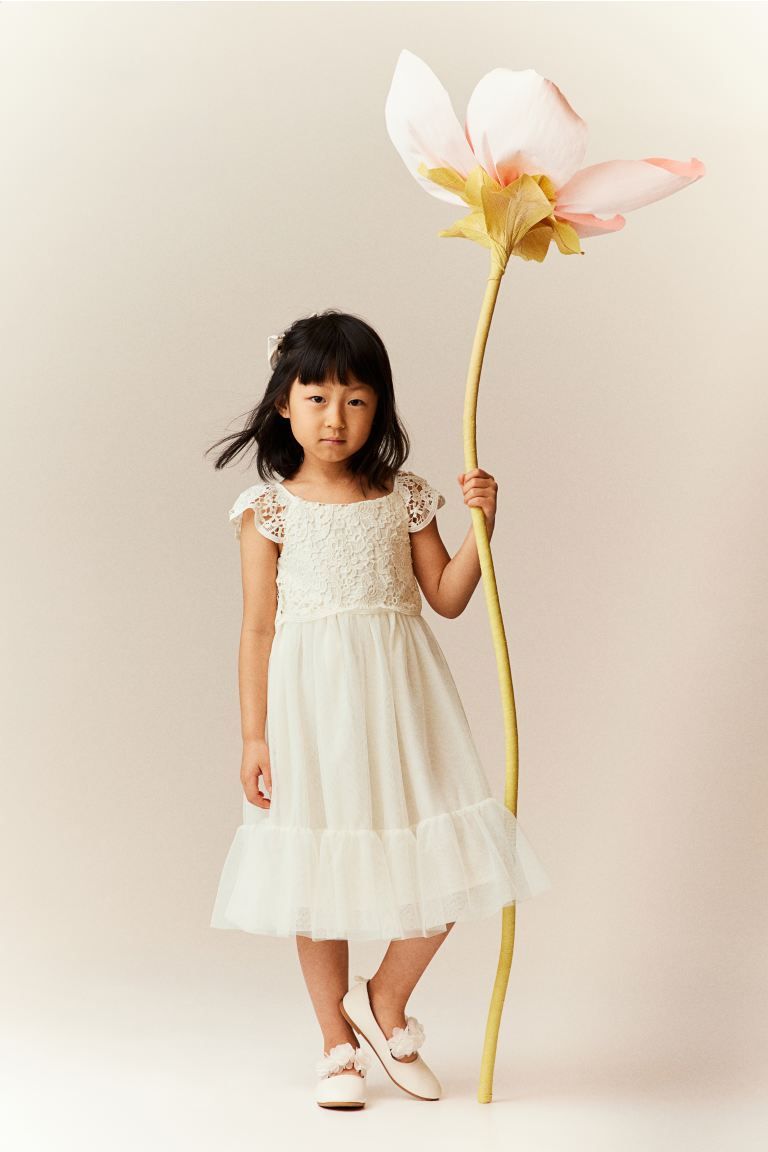 Lace and Tulle Dress - Round Neck - Short sleeve - White - Kids | H&M US | H&M (US + CA)