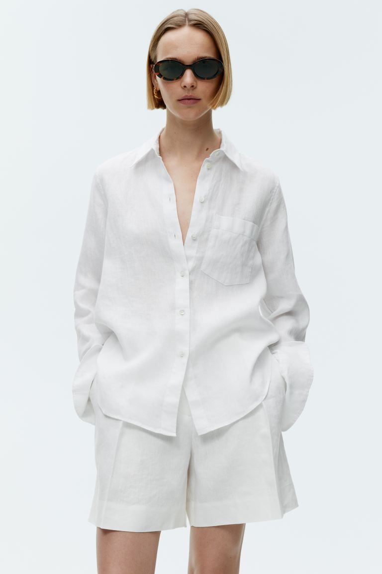 Linen Shirt - Long sleeve - Regular length - White - Ladies | H&M GB | H&M (UK, MY, IN, SG, PH, TW, HK)