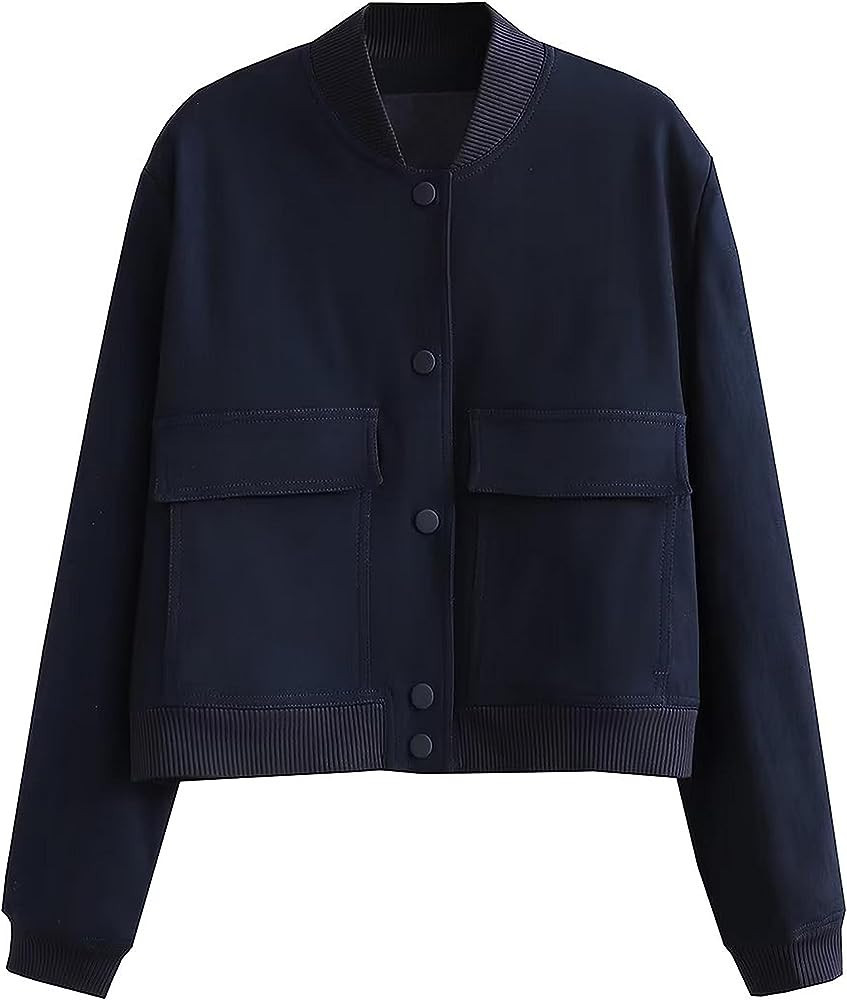 Cropped Bomber Jacket Women Button down Baseball Varsity Jacket with Pockets | Amazon (US)
