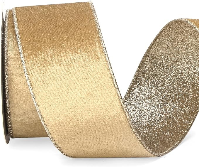 Ribbli Champagne Gold Velvet Wired Ribbon 2.5 Inch Khaki Velvet with Champagne Glitter Christmas ... | Amazon (US)