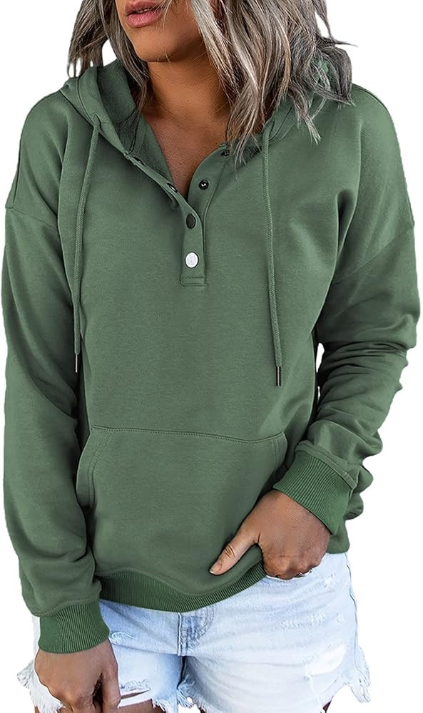 Dokotoo Womens 2022 Hooded Button Collar Drawstring Hoodies Pullover Sweatshirts Casual Long Slee... | Amazon (US)
