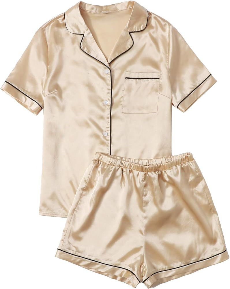 SweatyRocks Women's Short Sleeve Sleepwear Button Down Satin 2 Piece Pajama Set | Amazon (US)