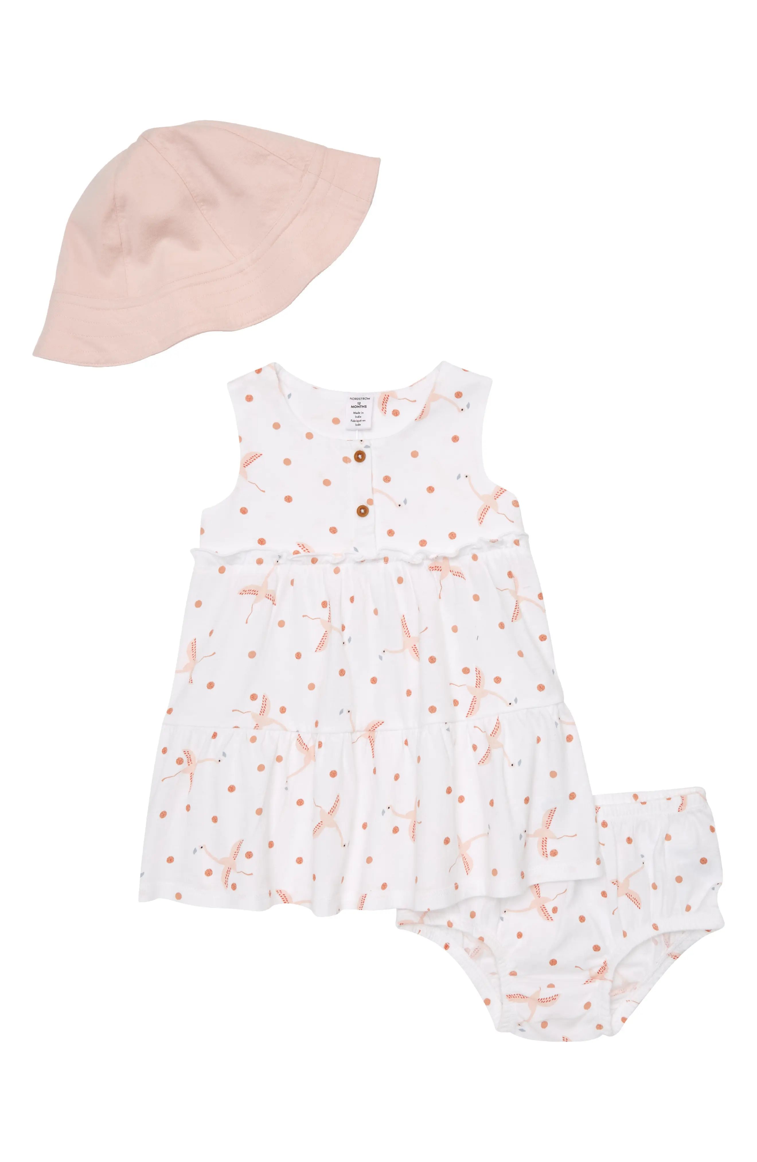 Nordstrom Kid's Tiered Dress & Hat Set in White Flamingos- Pink at Nordstrom, Size 3M | Nordstrom