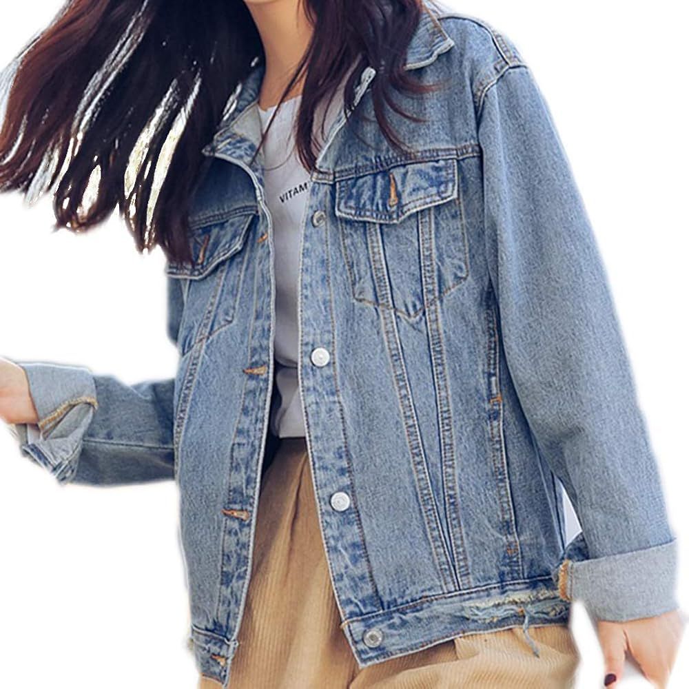 Saukiee Oversized Denim Jacket Distressed Boyfriend Jean Coat Jeans Trucker Jacket for Women Girls | Amazon (US)
