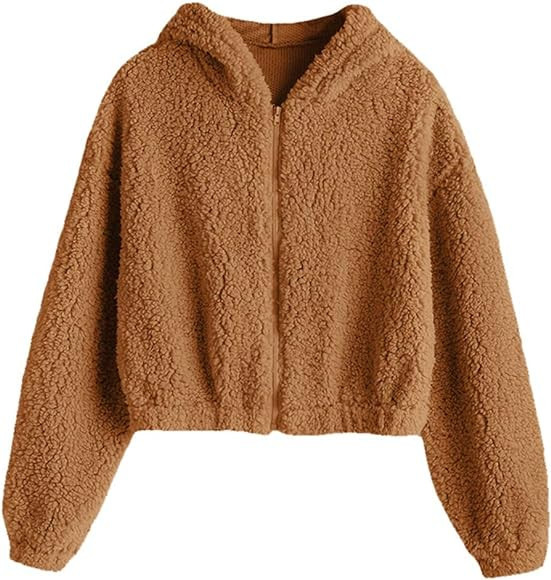 ZAFUL Women's Faux Fur Fuzzy Coat Full Zip Drop Shoulder Jacket Cropped Sweatshirts Hooded(2-Cara... | Amazon (US)