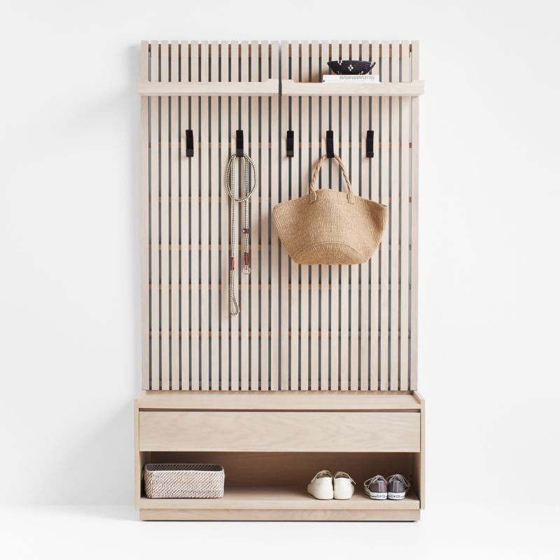 Batten White Oak Storage Bench and Panel Set with Flat Shelf and Coat Rack | Crate & Barrel | Crate & Barrel