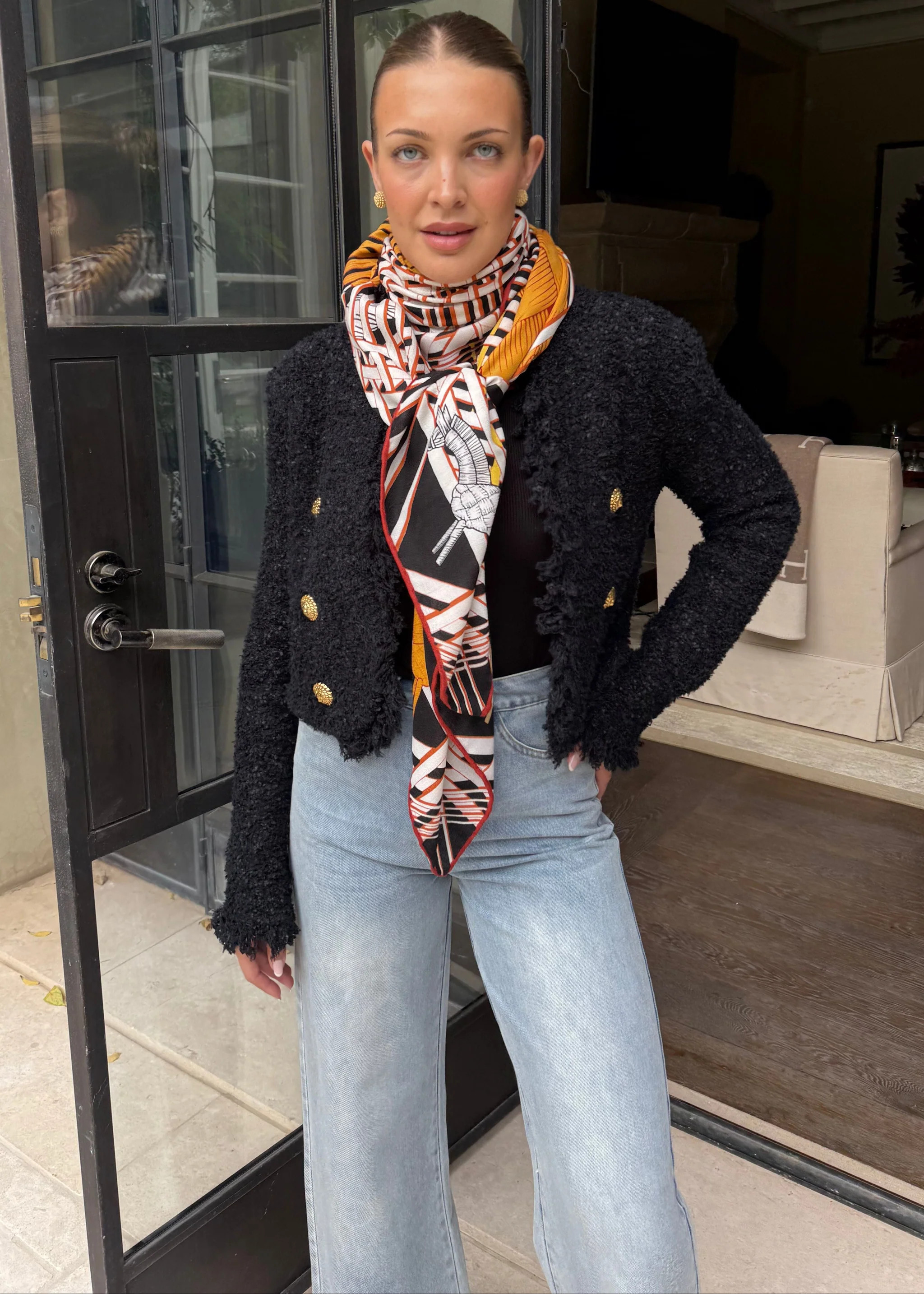 Cleo Cropped Black Shag Jacket with Gold Buttons | Benaar La