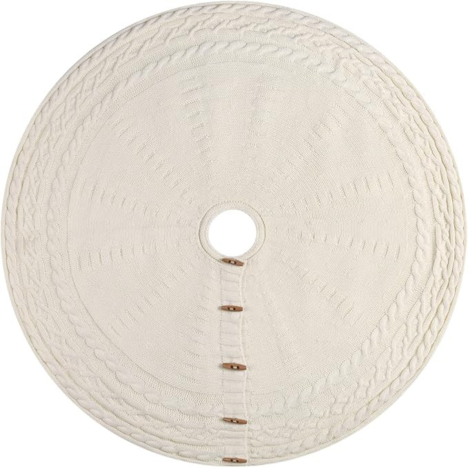 Starry Dynamo 48-Inch Knitted Christmas Tree Skirt Round with Wooden Toggle Buttons (Cream) | Amazon (US)