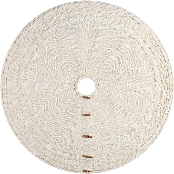 Starry Dynamo 48-Inch Knitted Christmas Tree Skirt Round with Wooden Toggle Buttons (Cream) | Amazon (US)