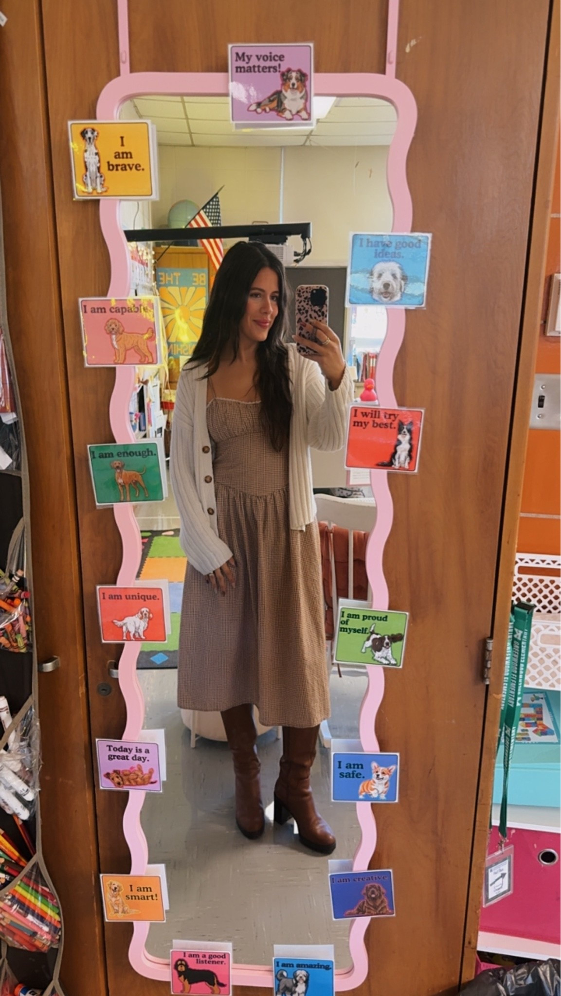 Fall teacher outfit! Dress, cardigan and boots!